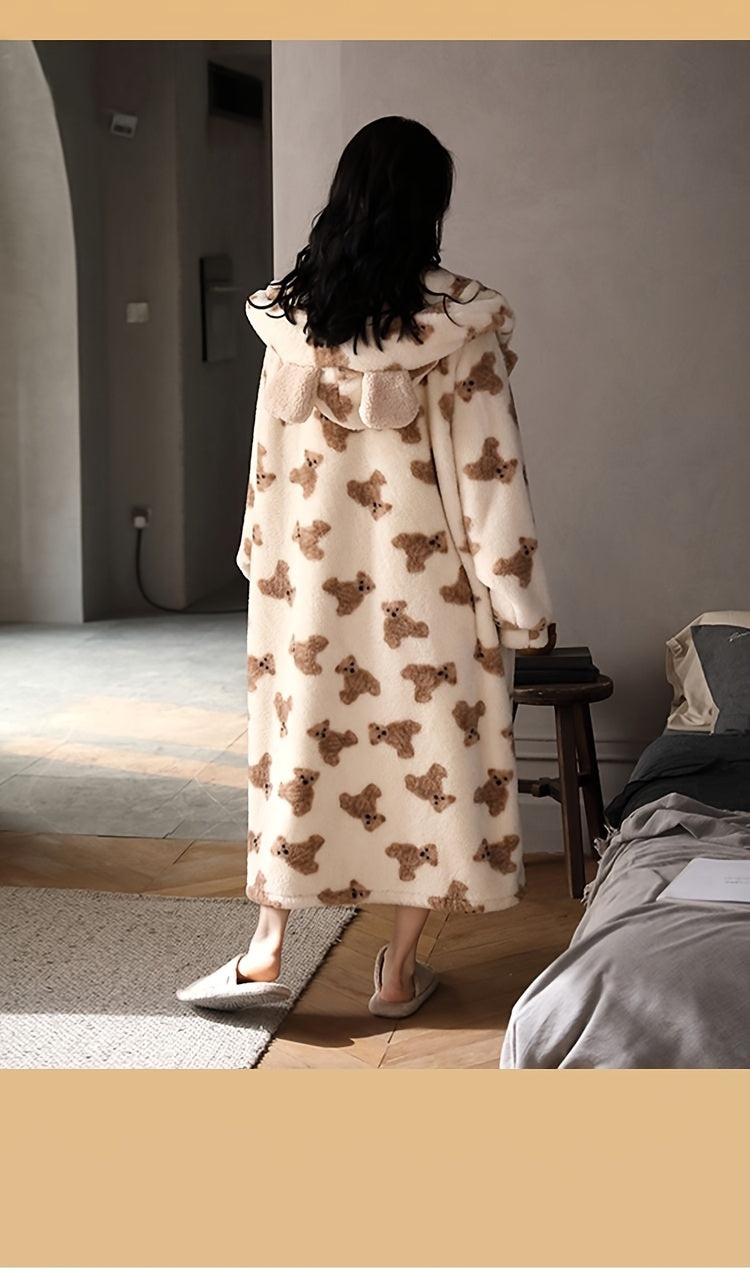 A Comfortable Suede Long-Sleeved Pajamas with Cartoon Bear Print，with Hat and Pocket Homewear，Fall winter fashion，Adult Size