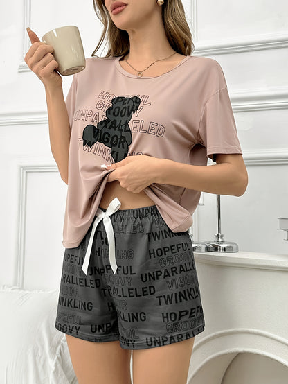 Elegant Teddy Bear Printed Short Sleeve Shorts Pajamas Suit + Funny Letter Print Casual Pajamas Suit + High Quality Soft round Neck Short Sleeve Shorts Women's Two-Piece Set