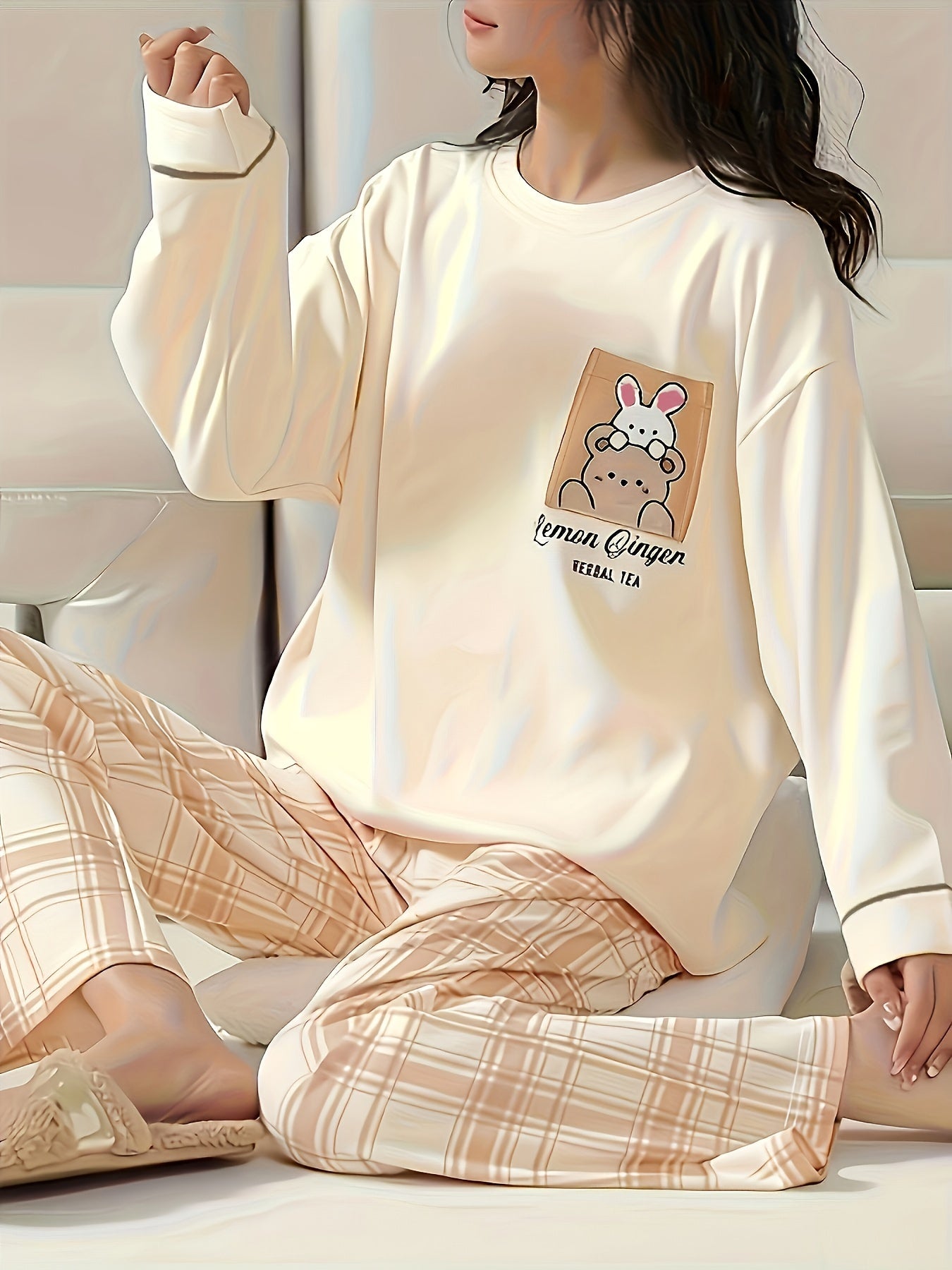 Cartoon Animal Print Pajamas Suit，Long Sleeve Round Neck Top and Plaid Pants，Women's Pajamas and Homewear