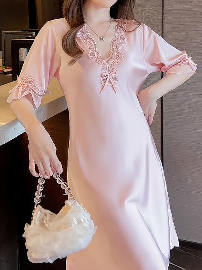 Women's Summer Chic Lace V Collar Pajamas - Soft Chiffon，Short Sleeve，Opaque Nightdress