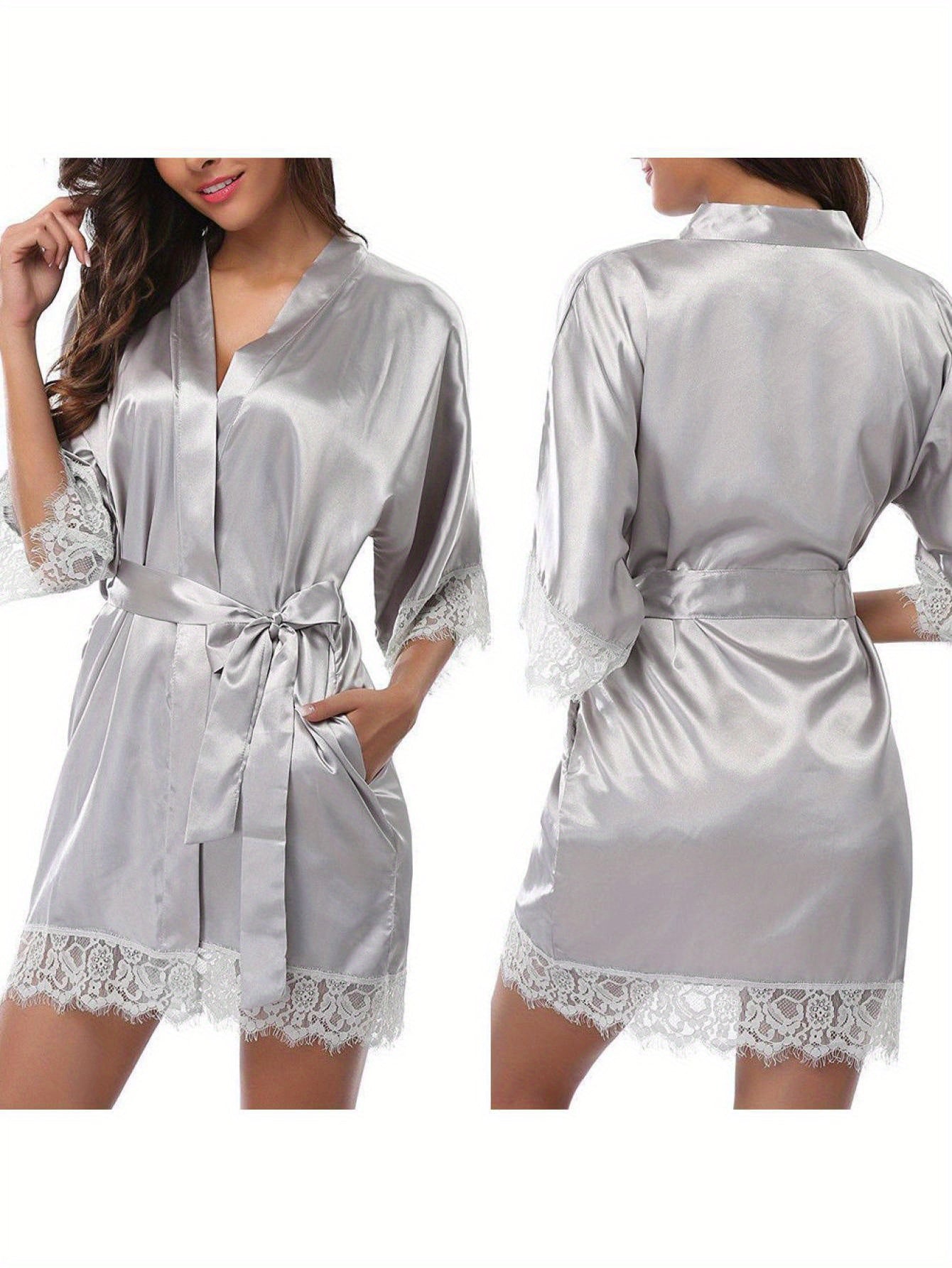 Elegant Women Satin Nightdress，V Collar Design，Inelastic，Solid Color，Polyester Fiber Nightgown，with Lace Sleeves and Removable Belt，Suitable for All Seasons