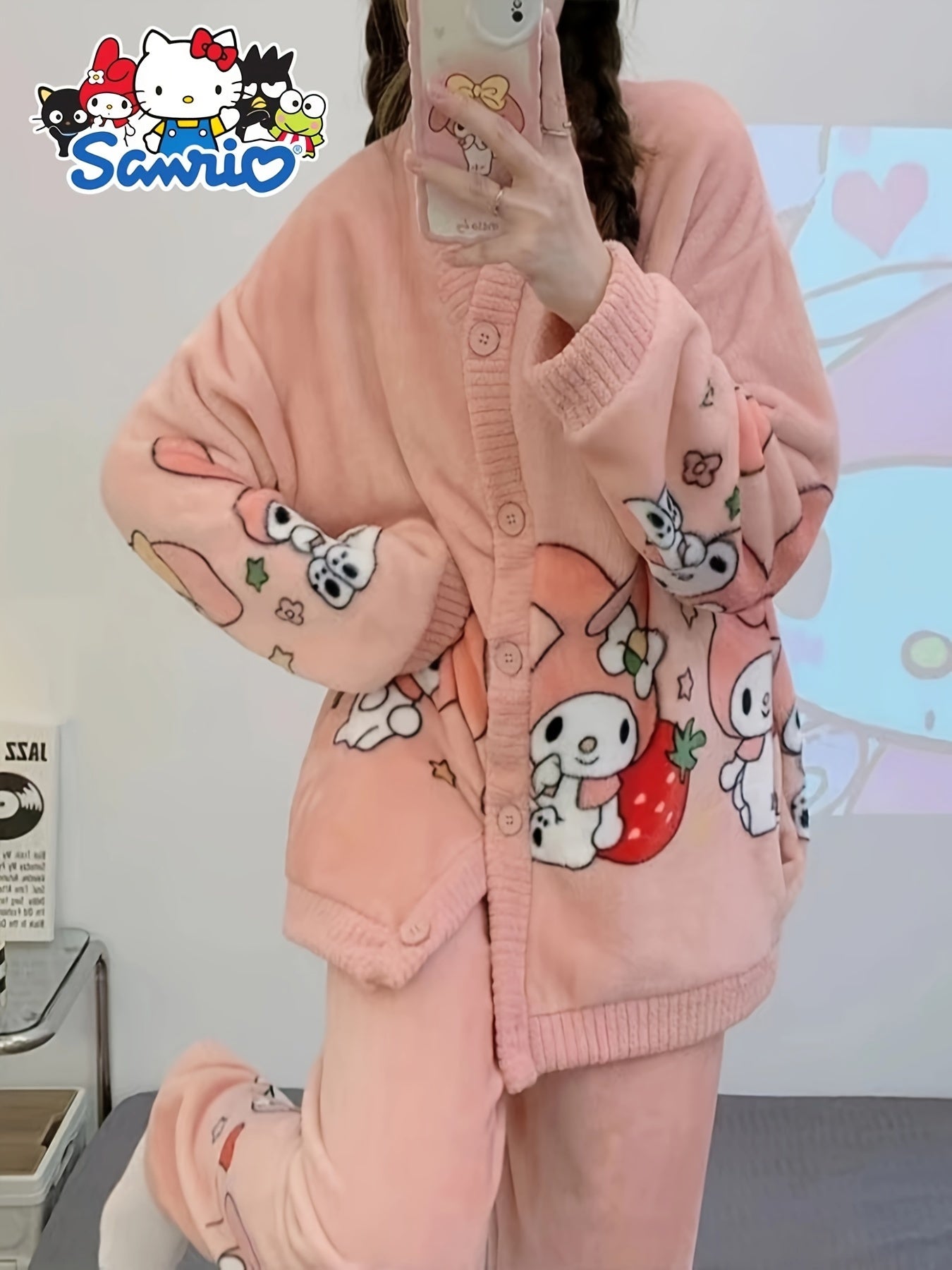 2 Set of Sanrio Authorized Cartoon Pattern Long-Sleeved Pajamas Suit，Thick Warm Loungewear，Sweet Cute Pajamas，Outerwear Homewear 2 Set