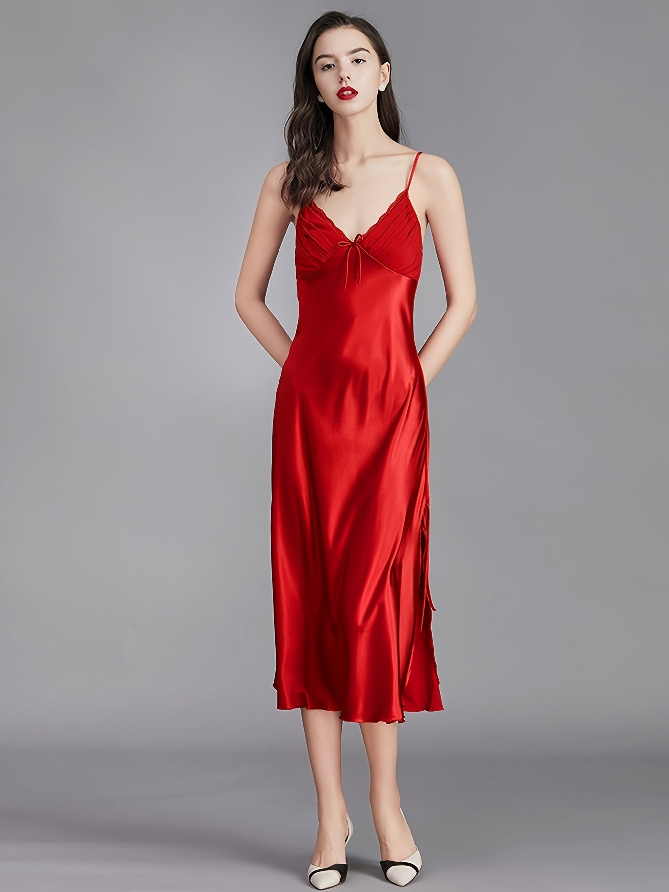 Women Satin Pajamas Sexy Sleepwear Slim Shoulder Strap Stacked Neck Elegant Long Satin Sling Mid-Length Dress