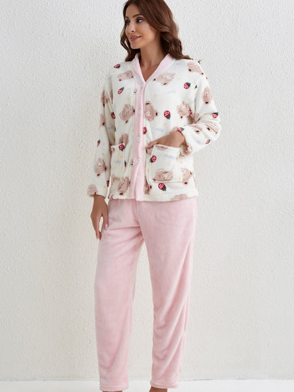 Cartoon Bear Print Pajamas Suit，Cute Long Sleeve Button Top and Elastic Waistband Pants，Women's Pajamas and Homewear