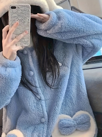 Women's Cute Cartoon Rabbit Thick Wool Robe，Warm Plush Pajamas，Novelty Rabbit Home Clothing with Hood and Ears，Autumn and Winter Comfortable Pajamas