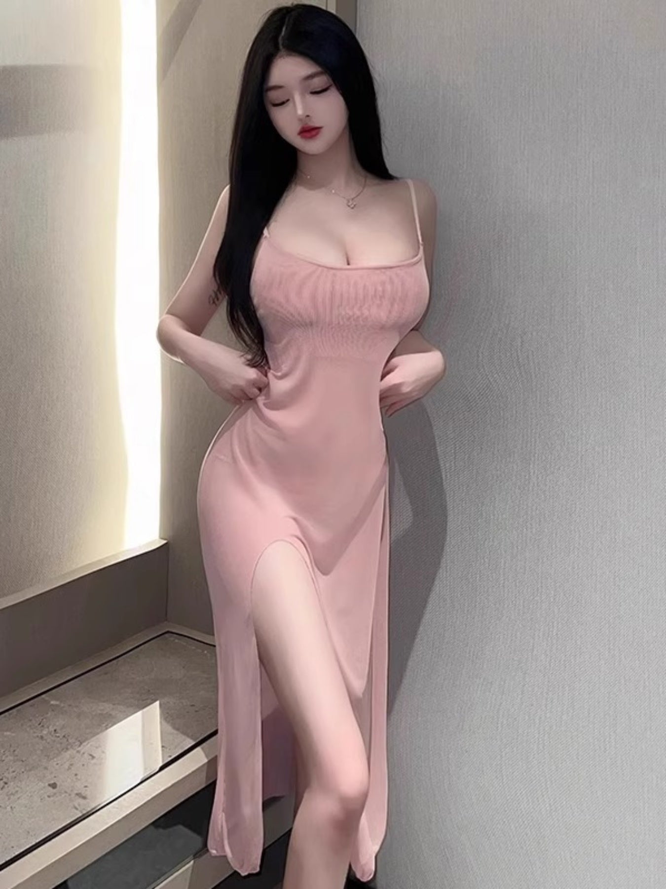 Women's Pajamas，Sleeveless Solid Color Slit Transparent Lingerie，Casual Wear with Underpants