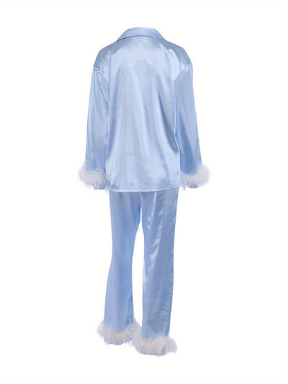 Women's Luxury Satin Pajamas Suit，with Feather Details - Long Sleeve Button Top and Elastic Belt Pants，Four Seasons Comfortable Pajamas