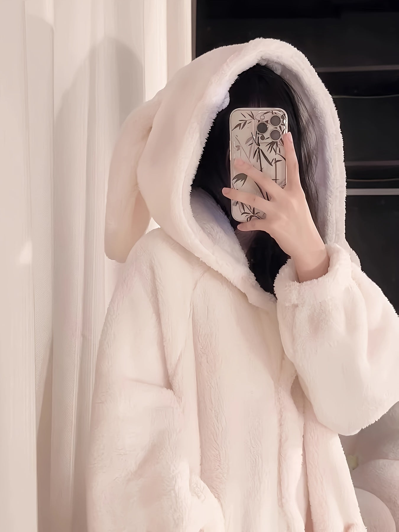 Cute Rabbit Hooded Wool Nightgown，Thick Long Sleeve Button Robe，with Pocket，Women's Pajamas and Dress