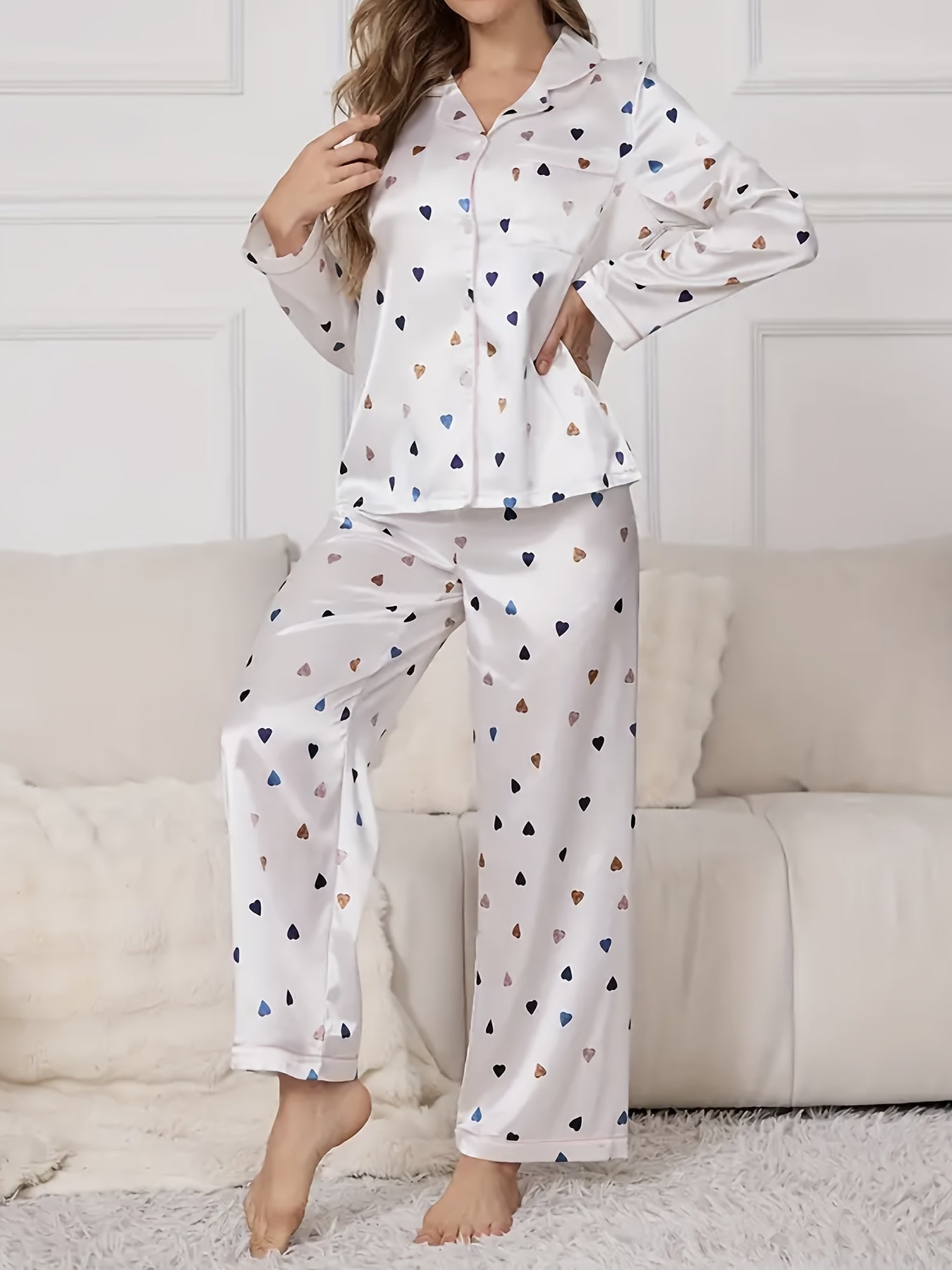 Women's Heart Shape Printed Satin Casual Pajamas Suit，Long Sleeve Button Polo Collar Top and Pants，Autumn Comfortable Loose Style