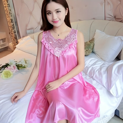 Lady Sexy Solid Color Satin Stitching Lace Pajamas Dress，round Neck Sleeveless Vest Dress，Comfortable Nightgown