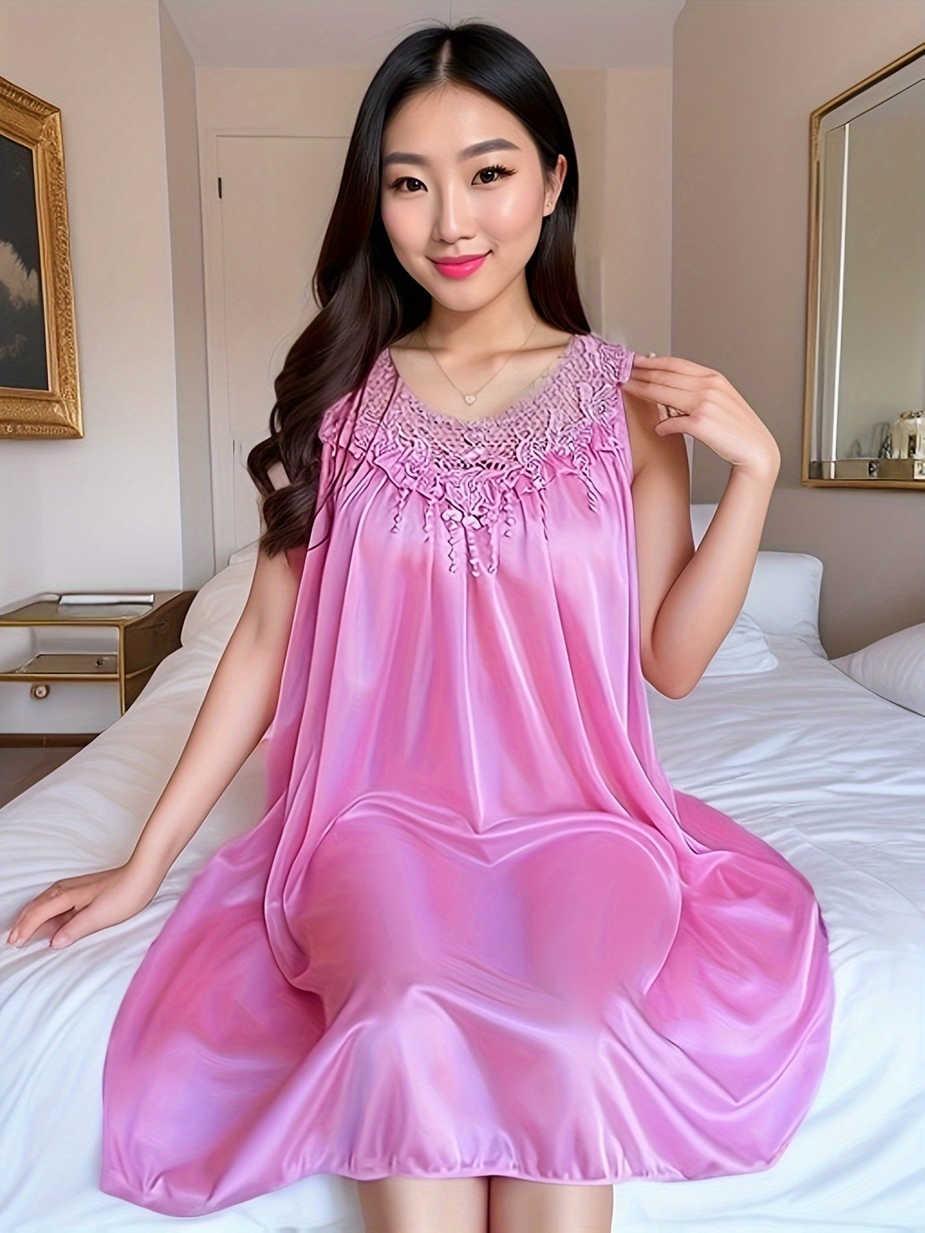 Women's Spring/Summer Ice Silk Home Wear Nightdress Dress Home Wear Lace Stitching Nightdress Comfortable Dress Nightdress