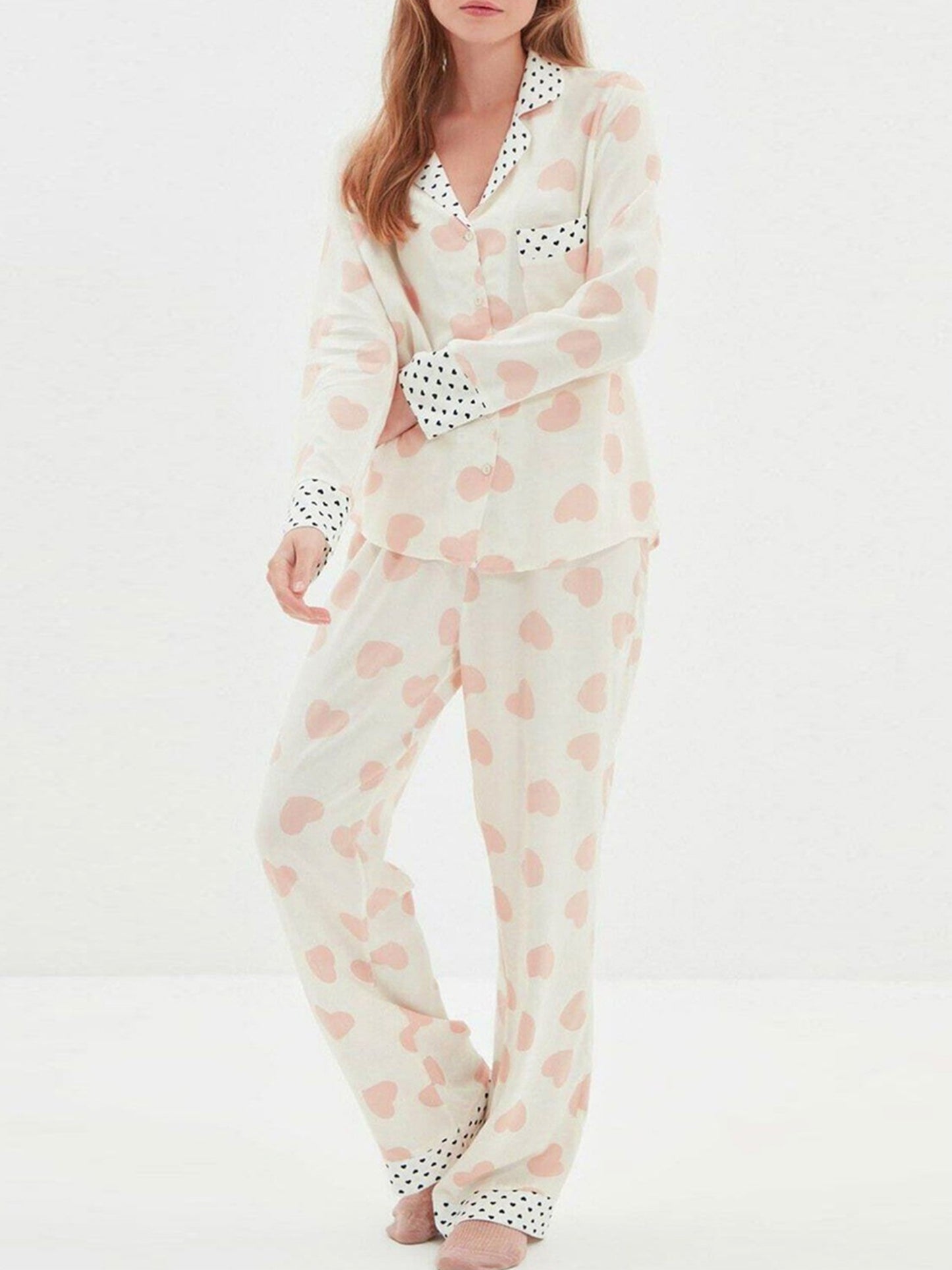 Women's Heart-Shaped Pajamas Suit，Long Cufflinks Shirt，Elastic Waist Belt Trousers，2Pajamas Set