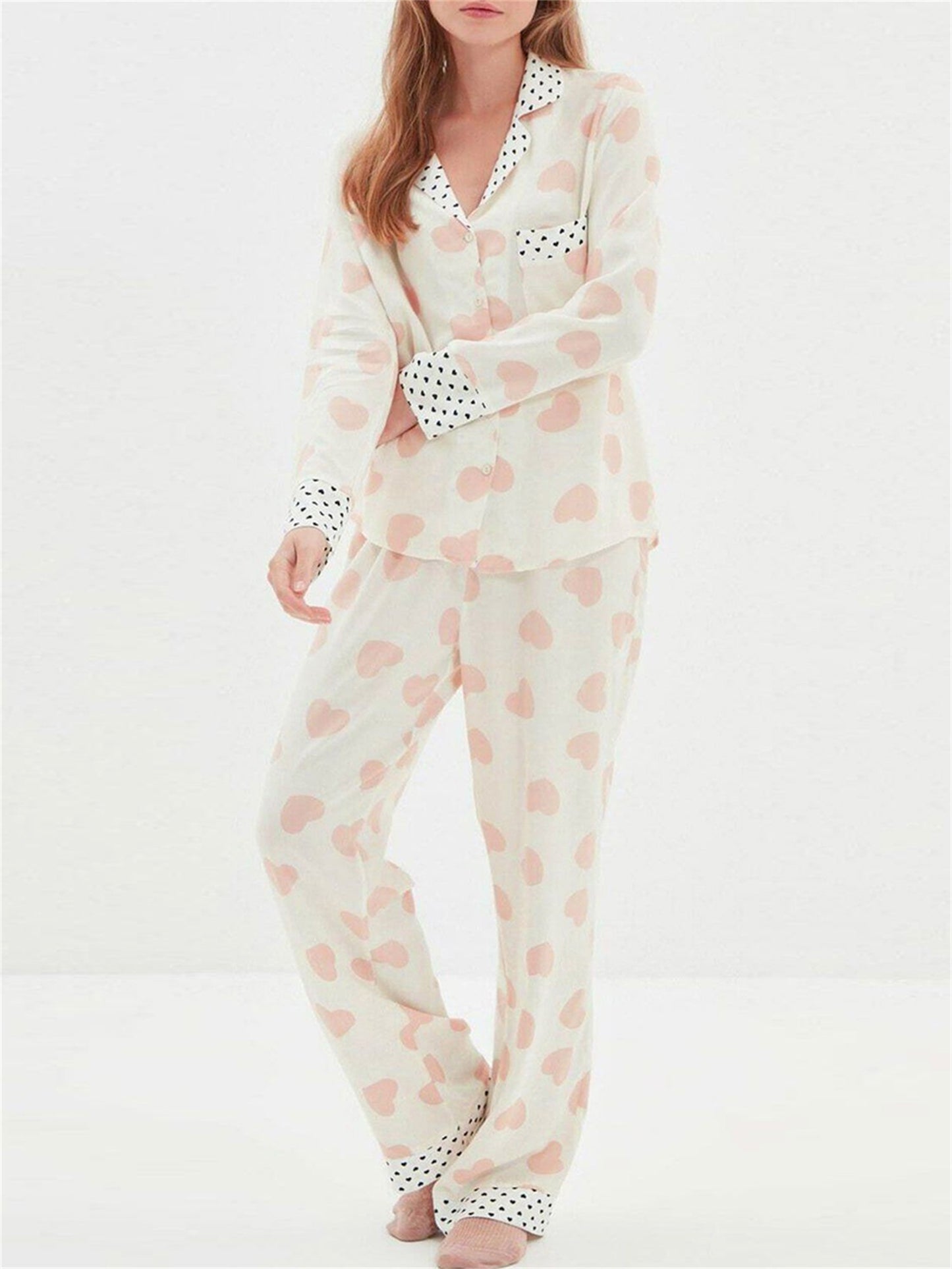 Ladies2Heart-Shaped Spotted Printed Pajamas Suit Long Sleeve Button Top Elastic Waist Trousers Pajamas Suit