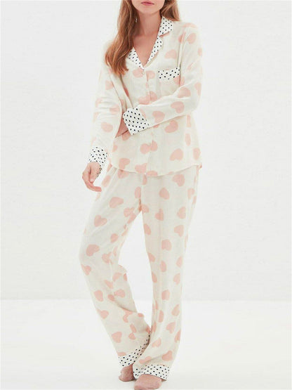 Ladies2Heart-Shaped Spotted Printed Pajamas Suit Long Sleeve Button Top Elastic Waist Trousers Pajamas Suit