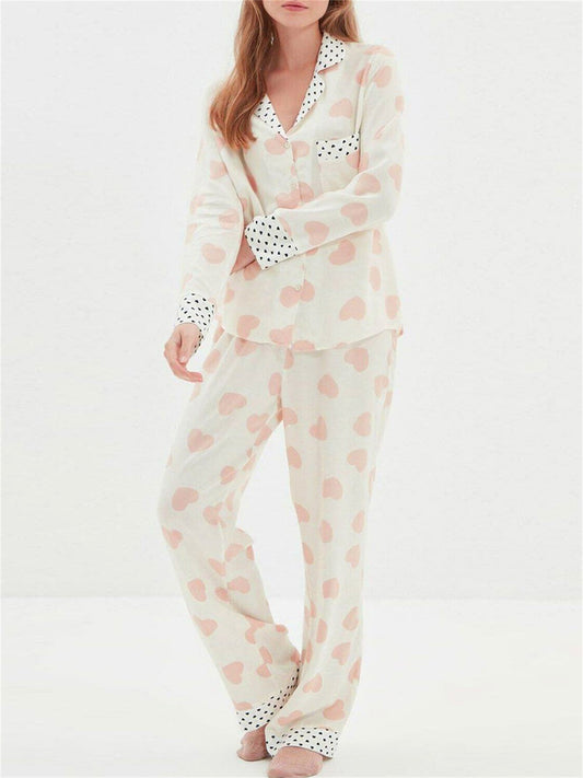 Ladies2Heart-Shaped Spotted Printed Pajamas Suit Long Sleeve Button Top Elastic Waist Trousers Pajamas Suit