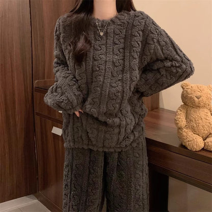 Fashion Coral Velvet Jacquard Suit Pajamas Autumn and Winter Thickened plus Velvet Girl's Casual Suit Top and Pants