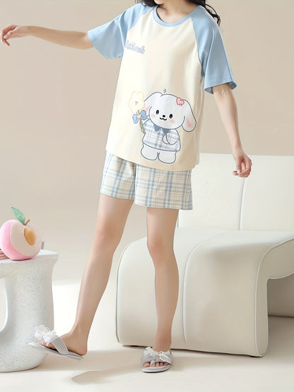 Ladies Cartoon Puppy and Floral Print Loose Pajamas Suit，Short Sleeve round Neck Top and Plaid Shorts，Comfortable Casual Style