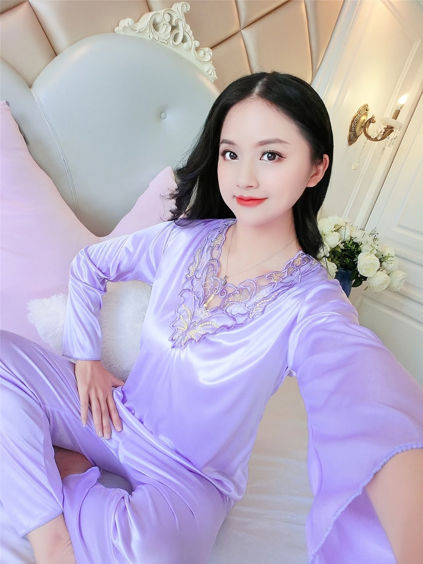 Women's Autumn and Winter Long-Sleeved Lace Satin Pajama Pants Suit，Fashion Comfortable Pajamas Suit，2Pajamas Set，Elegant Style，Autumn and Winter