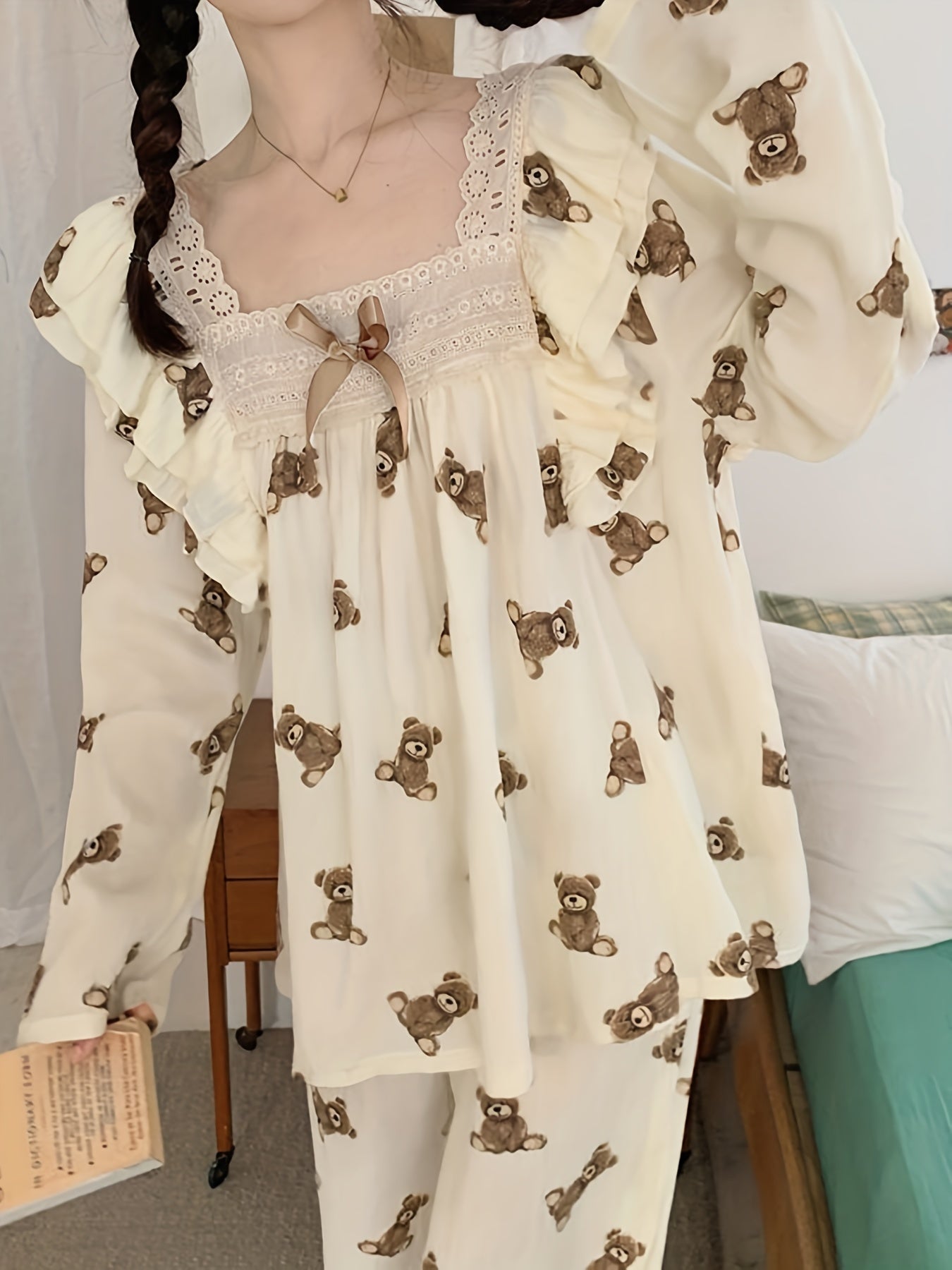 Teddy Bear Printed Pajamas Suit，Cute Long Sleeve Square-Neck Top and Casual Pants，Women's Pajamas and Homewear