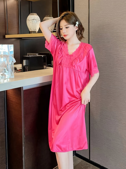 Elegant Ladies Lace V Collar Nightdress with Bowknot Details - Comfortable Short Sleeve Pajamas，Solid Color