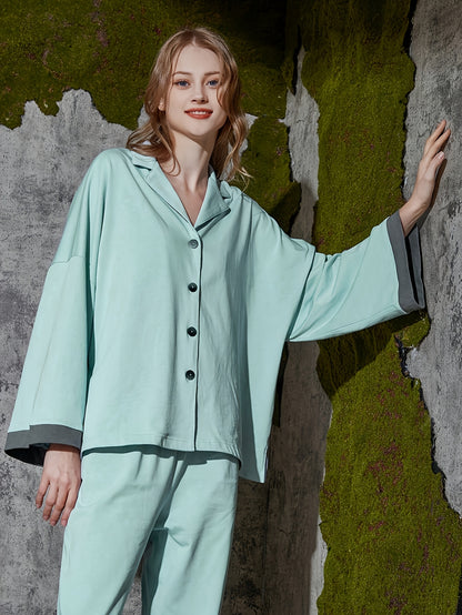 Women's Elegant Viscose Pajamas Suit - V Collar Lapel，Loose Long Sleeve，Casual Two-Piece Set，Solid Color，Knitted Fabric，Suitable for All Seasons