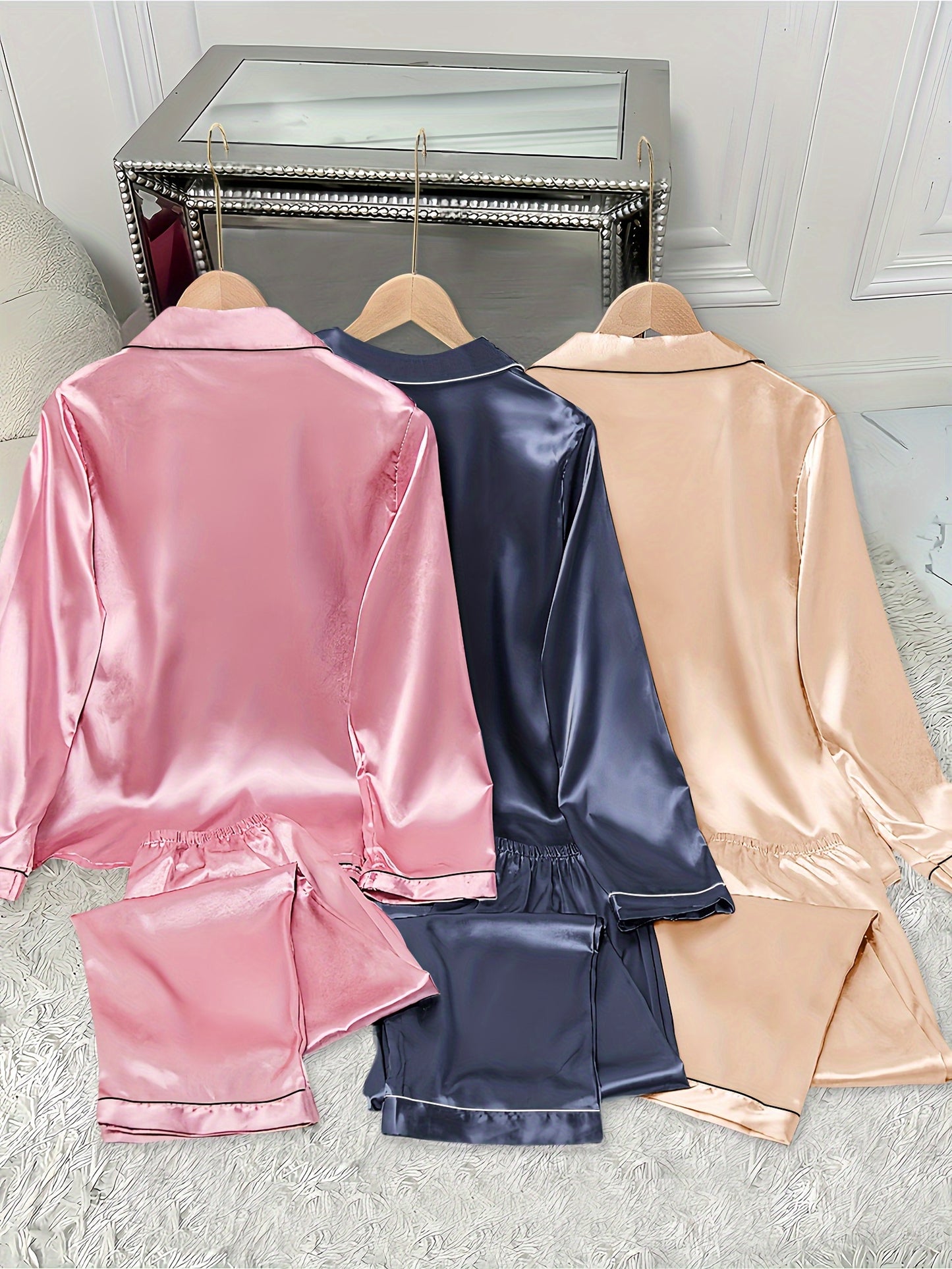 3 Women's Satin Pajamas Suit - Casual Solid Color Long Sleeve Shirt and Elastic Waist Pants，Lapel，Button Details，Woven Polyester，Autumn and winter pajamas