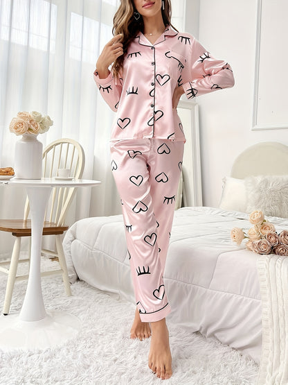 Sweetheart Heart Printing Imitation Silk Women's Cardigan，Lapel，Long sleeve pants，Two-Piece Homewear，Soft and Comfortable Pajamas Suit