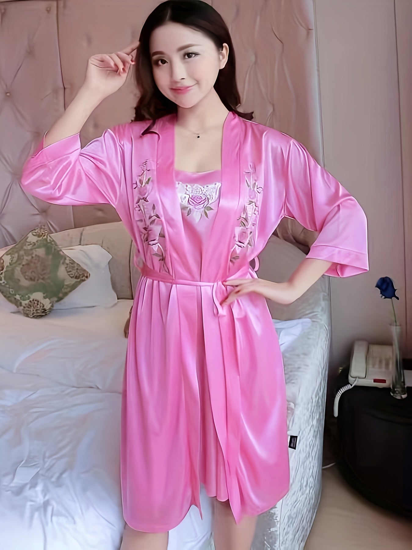 Elegant Women's Satin Pajamas Suit - Comfortable Sexy Sling Dress，With Belt Robe，Embroidery Details，Machine Washable - Spring/Summer/Autumn、Homewear、2 Set、Elegant Style、Spring/Summer/Autumn