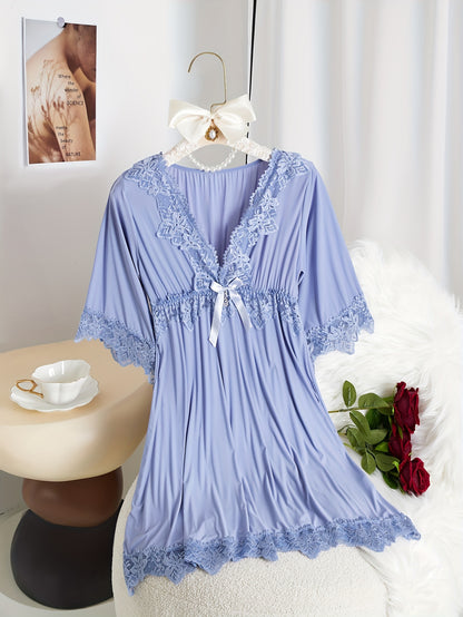 Women's Elegant Solid Color Lace Trim Pajamas Dress，3/4 Sleeve V Collar Waist Dress，Comfortable Pajamas