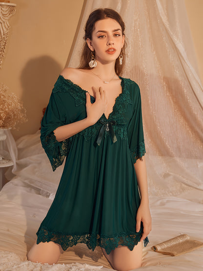 【Popular Choice】Sexy and Beautiful V Collar Bow Soft and Comfortable Stitching Lace Nightdress