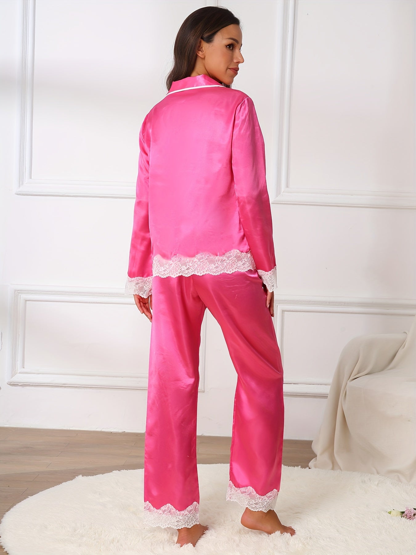 Women's Elegant Lace Satin Pajamas Suit、Comfortable Pajamas、Long Sleeve Button Polo Collar Top and Pants