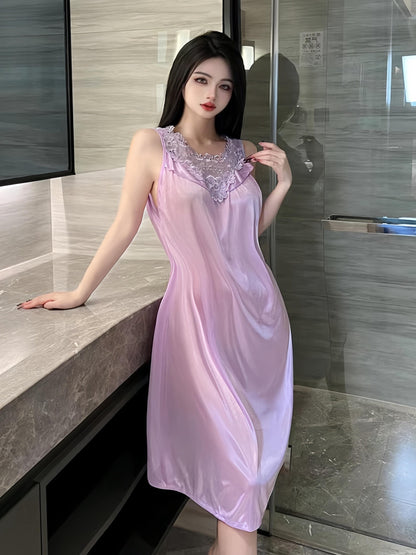 Lady Sexy Solid Color Satin Stitching Lace Pajamas Dress，round Neck Sleeveless Vest Dress，Comfortable Nightgown