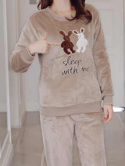 Comfortable Fleece Women's Pajama Suit - Cute Rabbit and Letter Embroidery，Long Sleeve Round Neck Top with Elastic Waist Belt Jogger Pants，Warm Winter Loungewear，Plus Size Pajamas Suit，Flannel，Spiral Shrink-Proof Design，Thickened