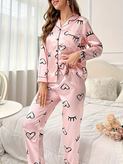 Sweetheart Heart Printing Imitation Silk Women's Cardigan，Lapel，Long sleeve pants，Two-Piece Homewear，Soft and Comfortable Pajamas Suit