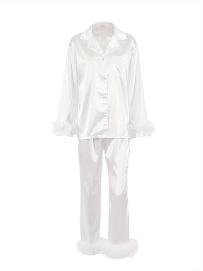 Women's Luxury Satin Pajamas Suit，with Feather Details - Long Sleeve Button Top and Elastic Belt Pants，Four Seasons Comfortable Pajamas