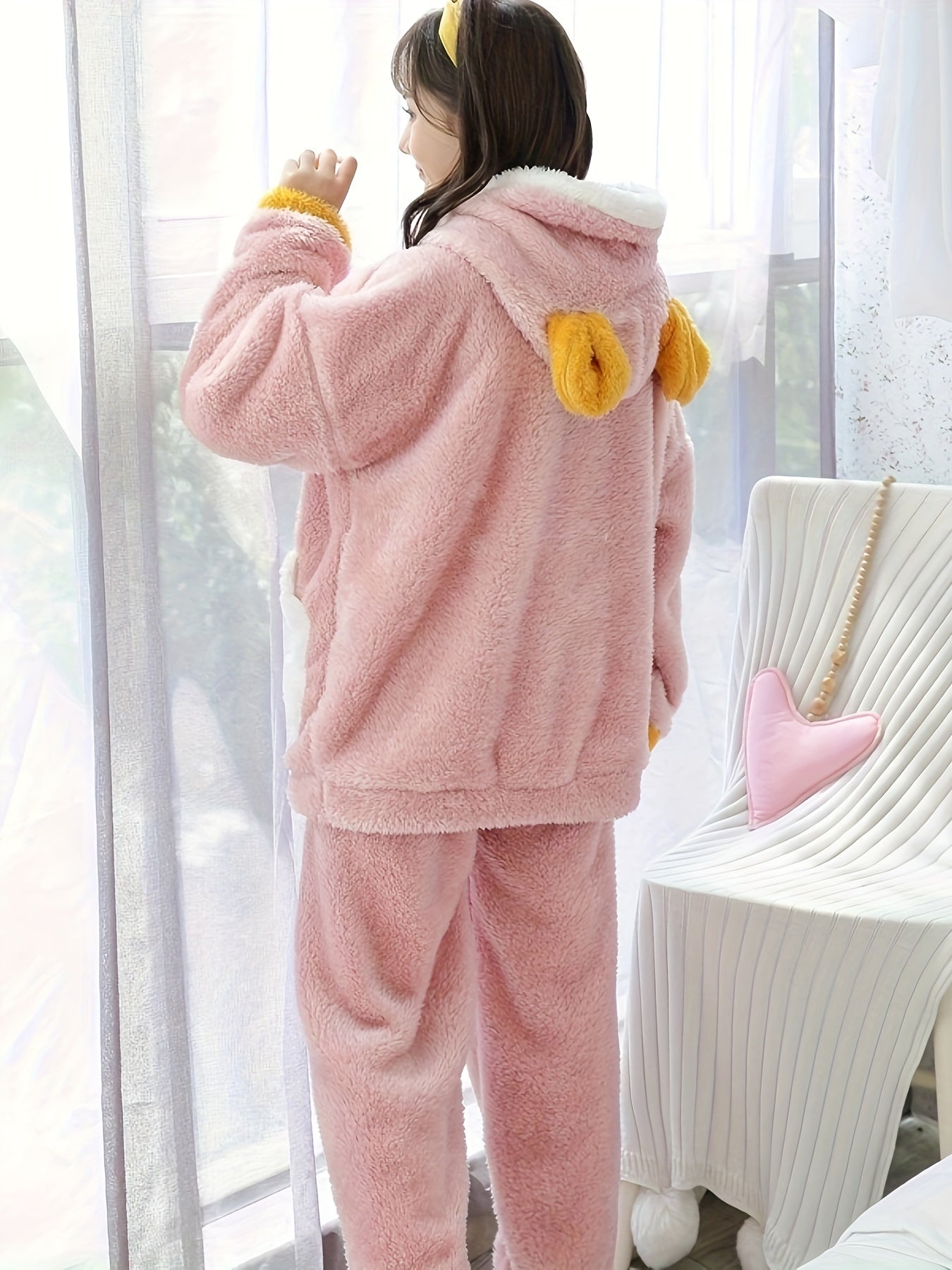 Women's Winter Furry Lamb Fur Oversized Hooded Pajamas Suit，with Cute Cartoon Letters，Comfortable and Warm Adult Homewear