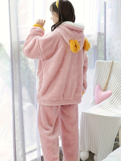 Women's Winter Furry Lamb Fur Oversized Hooded Pajamas Suit，with Cute Cartoon Letters，Comfortable and Warm Adult Homewear