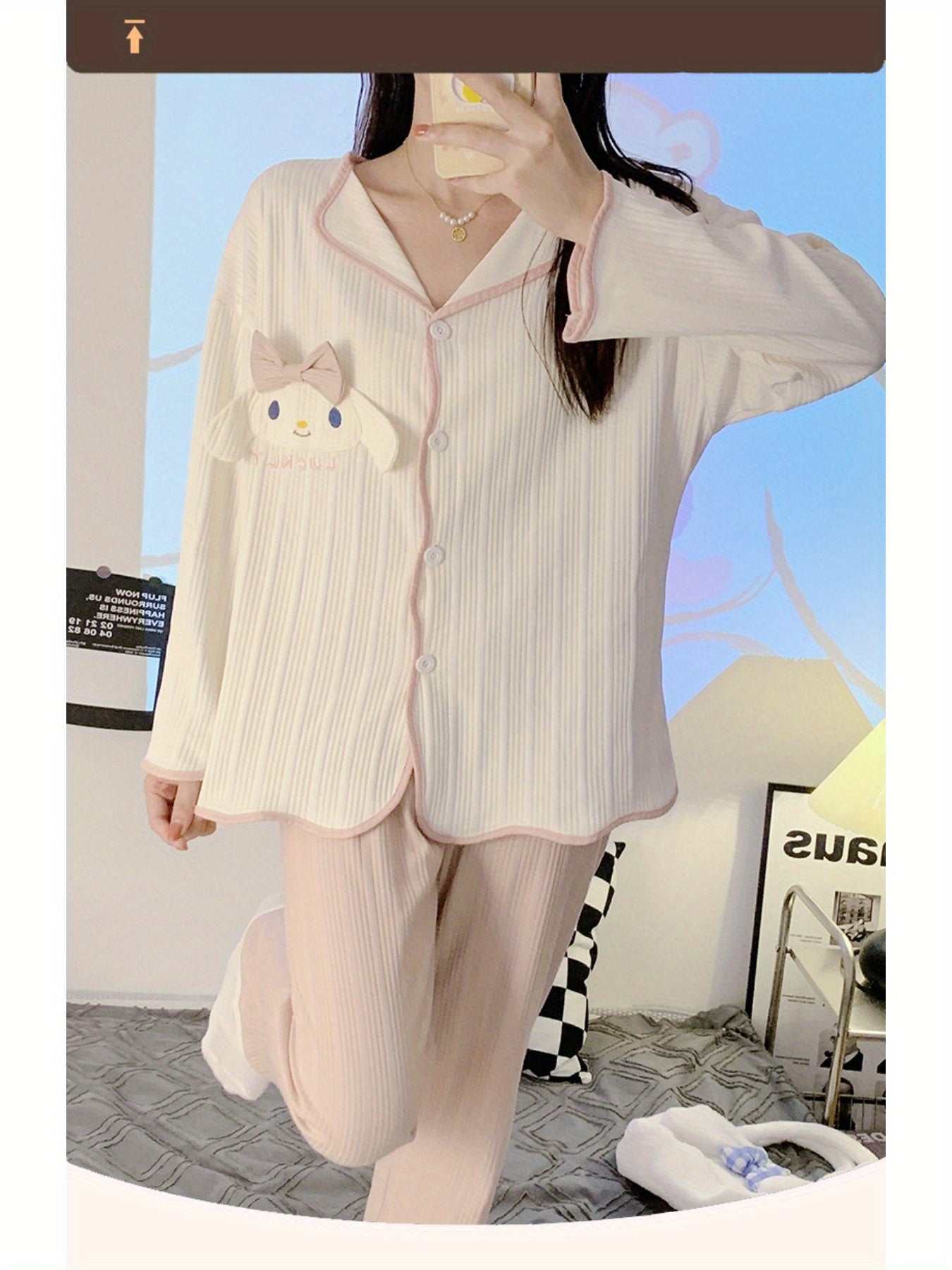 2Pieces Sanrio Women's pajama suit，Sweet Lapel Long Sleeve Top with Bowknot and Embroidered Dog，Solid Color Polyester Knitted Fabric，Trousers，Spring and autumn pajamas