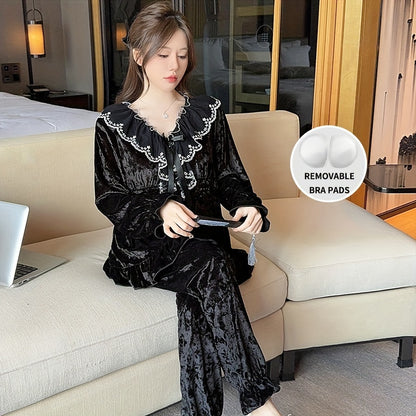 Elegant Velvet Women's Pajama Suit，Lace Trim & Removable Chest Pad - V Collar，Long Sleeve，Ruffled Hem - Spring, Autumn and Winter Perfect Choice