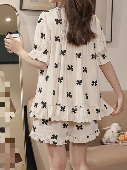 Bow Print Ribbed Frill Decorative Pajamas Suit，Sweet Puff Sleeve Bow Square Collar Top and Elastic Shorts，Women's Pajamas