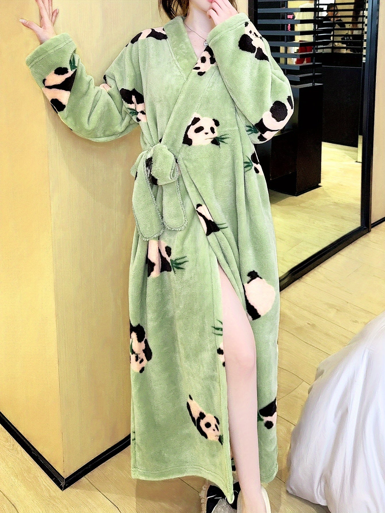 Women's Thick Flannel Warm Nightdress，Medium Long Sleeve Panda Printing Nightgown，Cardigan Bathrobe，Chinese style han costume