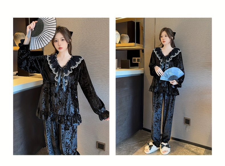 Elegant Velvet Women's Pajama Suit，Lace Trim & Removable Chest Pad - V Collar，Long Sleeve，Ruffled Hem - Spring, Autumn and Winter Perfect Choice