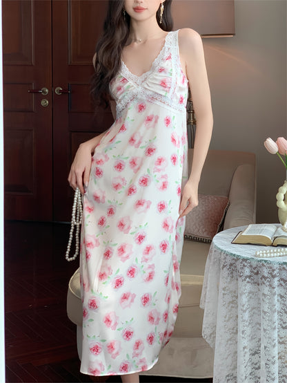 Women's Floral Print Elegant Satin Contrast Lace Pajamas Dress，V Collar Sleeveless Mid-Length Dress，Comfortable Pajamas