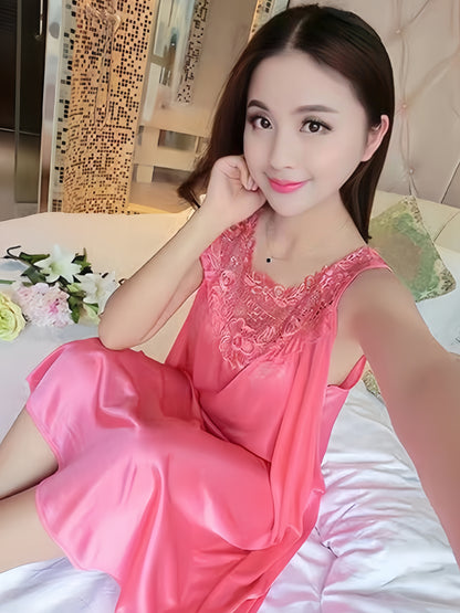 Lady Sexy Solid Color Satin Stitching Lace Pajamas Dress，round Neck Sleeveless Vest Dress，Comfortable Nightgown