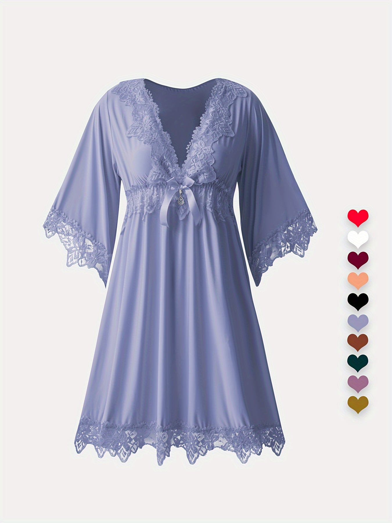 【Popular Choice】Sexy and Beautiful V Collar Bow Soft and Comfortable Stitching Lace Nightdress