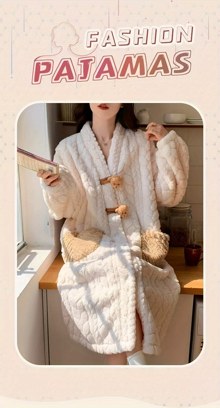 Women's Autumn and Winter Warm Nightgown，Blade Jacquard，Teddy Bear Decoration，Cute Coral Fleece Pajamas，Women's Loose Homewear