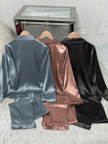 3 Women's Satin Pajamas Suit - Casual Solid Color Long Sleeve Shirt and Elastic Waist Pants，Lapel，Button Details，Woven Polyester，Autumn and winter pajamas