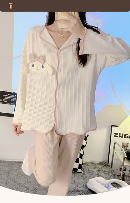 2Pieces Sanrio Women's pajama suit，Sweet Lapel Long Sleeve Top with Bowknot and Embroidered Dog，Solid Color Polyester Knitted Fabric，Trousers，Spring and autumn pajamas