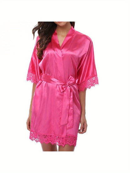 Elegant Women Satin Nightdress，V Collar Design，Inelastic，Solid Color，Polyester Fiber Nightgown，with Lace Sleeves and Removable Belt，Suitable for All Seasons