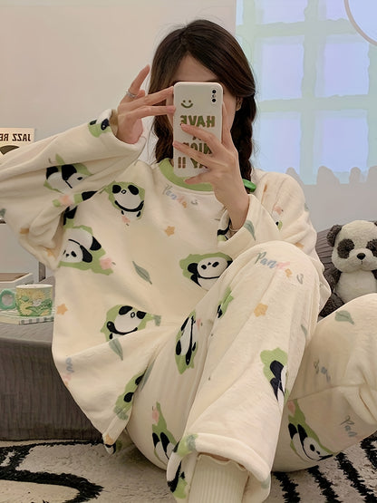 2 Women's Winter Flannel Pajamas Suit - Cute Cartoon Panda Pattern，round Neck，Long Sleeve，Knitted Fabric，Warm and Comfortable Homewear